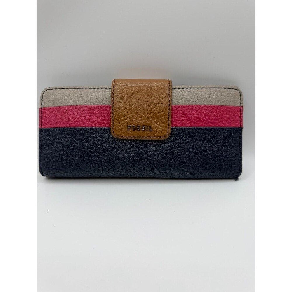 Fossil Madison Slim Clutch Wallet Navy Multi Colorblock Leather Used